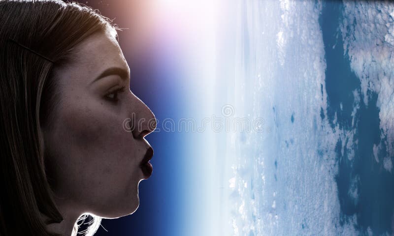 Girl Kissing Earth Planet . Mixed Media Stock Image - Image of woman ...