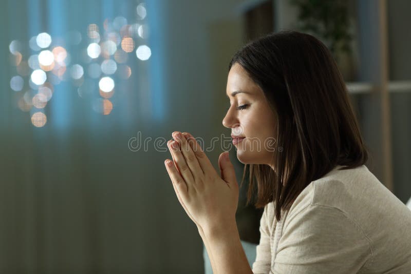 Profile Of A Woman Praying At Night At Home Stock Image Image Of Girl 