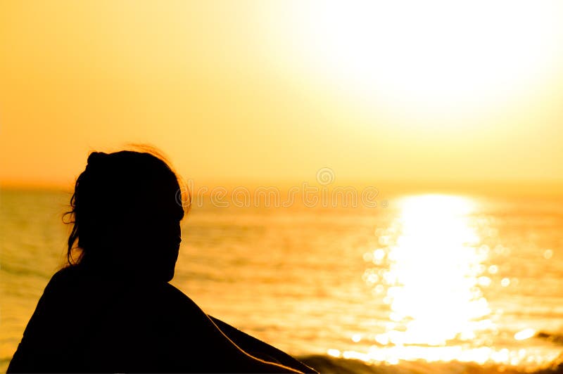 Profile of a Sad Young Woman Silhouette in Swimsuit Stock Image