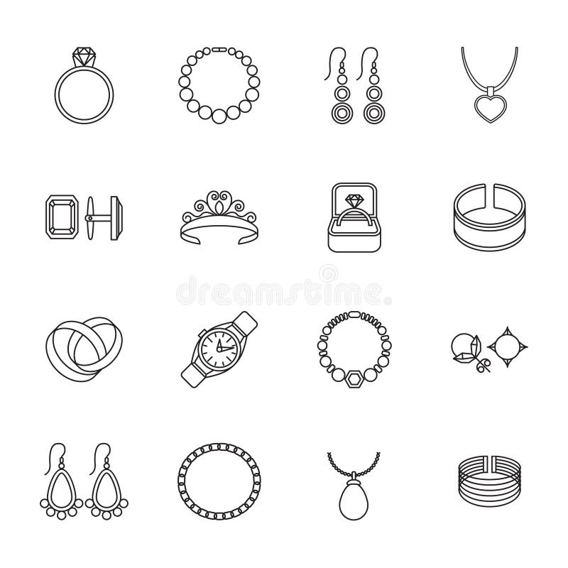 Jewelry outline icons set of bracelet ring necklace isolated vector illustration. Jewelry outline icons set of bracelet ring necklace isolated vector illustration