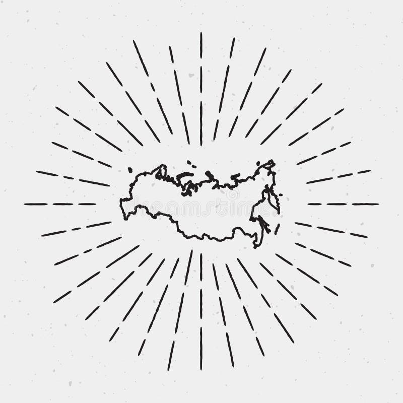Vector Russian Federation Map Outline with Retro Sunburst Border. Hand Drawn Hipster Decoration Element. Black Radiant Light Rays on White Background. Vector Russian Federation Map Outline with Retro Sunburst Border. Hand Drawn Hipster Decoration Element. Black Radiant Light Rays on White Background.