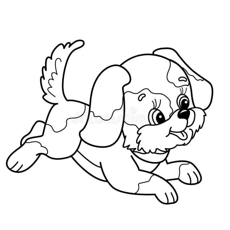 Profilo della pagina di coloritura del cucciolo sveglio Salto allegro del cane del fumetto illustrazione di stock