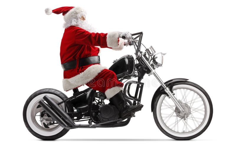 Profilo a lunghezza intera foto di santa claus su una motocicletta personalizzata fotografie stock libere da diritti
