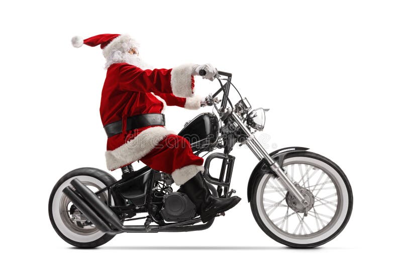 Profilo a lunghezza intera foto di santa claus su una motocicletta personalizzata immagine stock libera da diritti