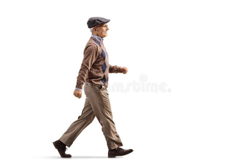 Profilul complet al unui om în vârstă care merge repede stock images
