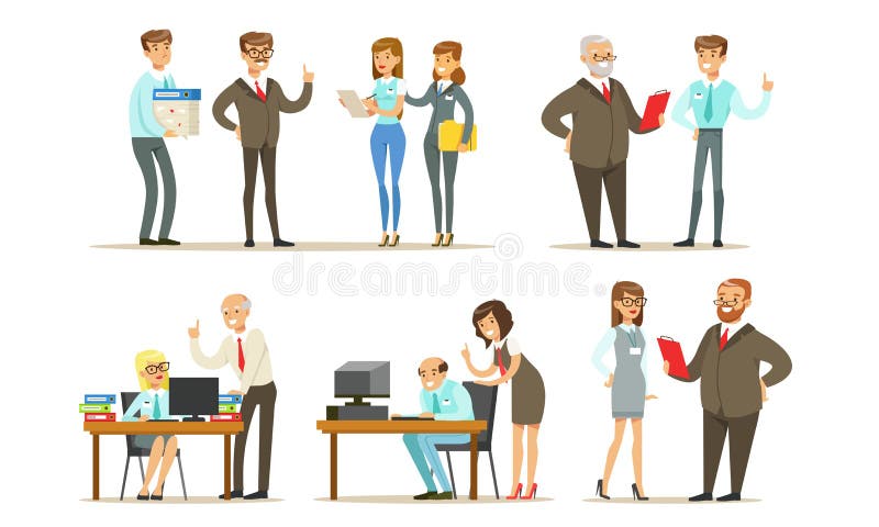 Profissionais que trabalham no conjunto de escritórios, gerentes masculinos e femininos ou empregados que se reúnem, trabalham ju ilustração do vetor Profissionais que trabalham no conjunto de escritórios, gerentes masculinos e femininos ou empregados que se reúnem, trabalham ju ilustração do vetor