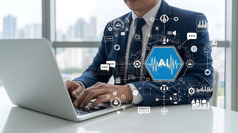 Profissional a trabalhar num portátil com rede futurista e transformação digital ilustração do vetor