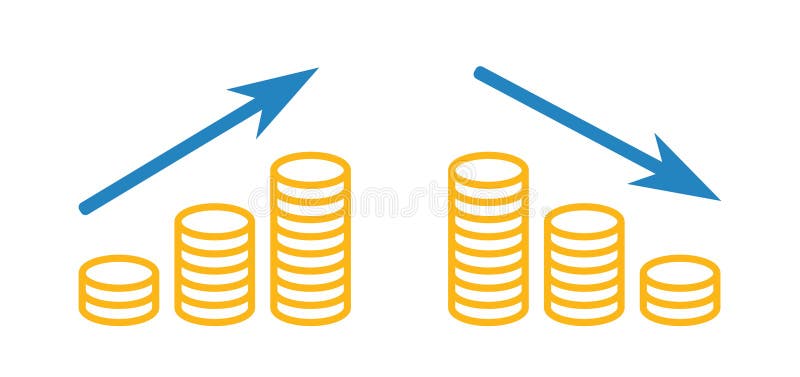 Profit increase and decrease graph, coin icon. Coin decrease vectors