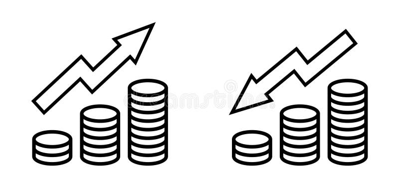 Profit increase and decrease graph, coin icon. Coin decrease vectors