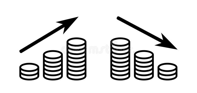 Profit increase and decrease graph, coin icon. Coin decrease vectors