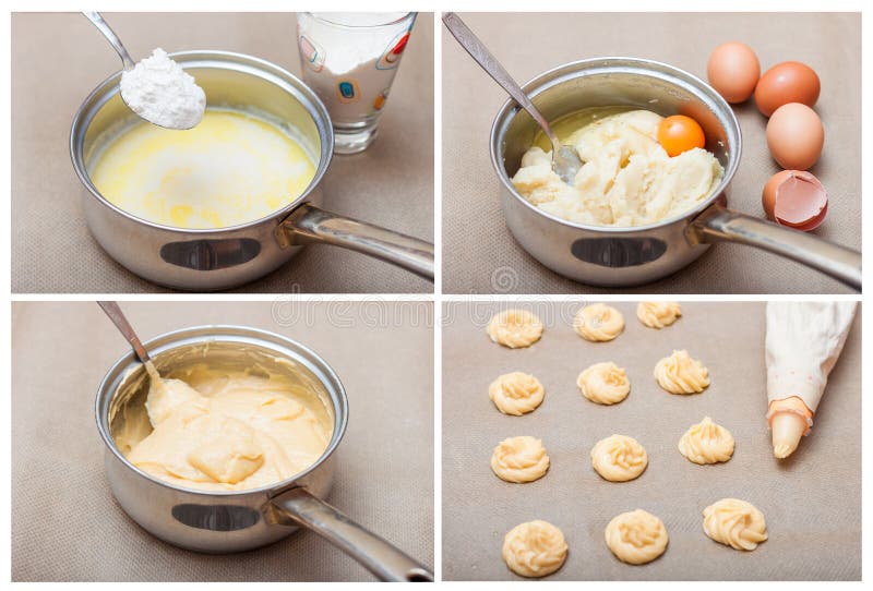 Profiteroles рецепта печенья choux шаг за шагом варящ, коллаж стоковая фотография Profiteroles рецепта печенья choux шаг за шагом варящ, коллаж стоковая фотография