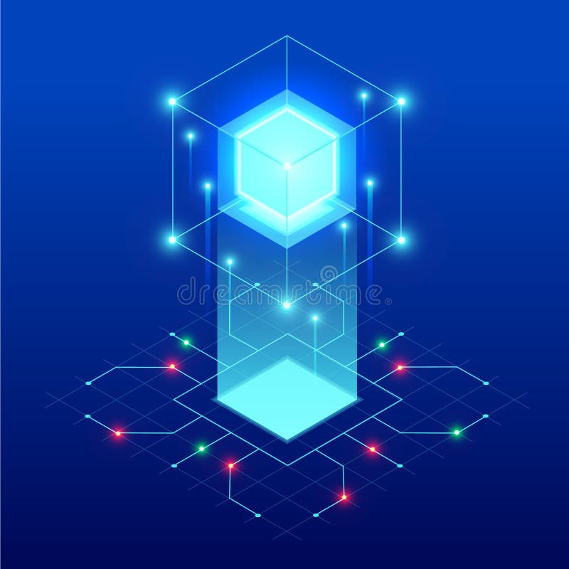 Progettazione blu astratta isometrica del cubo Insegna di web di tecnologia digitale GRANDI algoritmi di apprendimento automatico