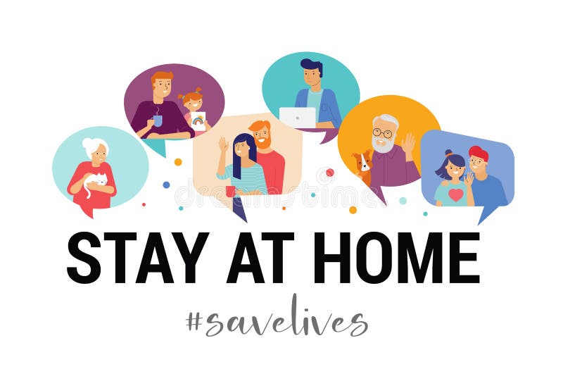 Stay at home, concept design. Different types of people, family, neighbors in their own houses. Self isolation, quarantine during the coronavirus outbreak. Vector flat style illustration. Stay at home, concept design. Different types of people, family, neighbors in their own houses. Self isolation, quarantine during the coronavirus outbreak. Vector flat style illustration