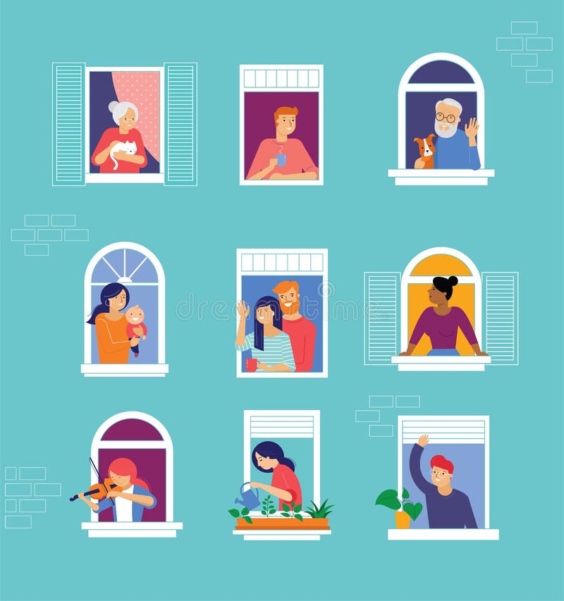 Stay at home, concept design. Different types of people, family, neighbors in their own houses. Self isolation, quarantine during the coronavirus outbreak. Vector flat style illustration. Stay at home, concept design. Different types of people, family, neighbors in their own houses. Self isolation, quarantine during the coronavirus outbreak. Vector flat style illustration