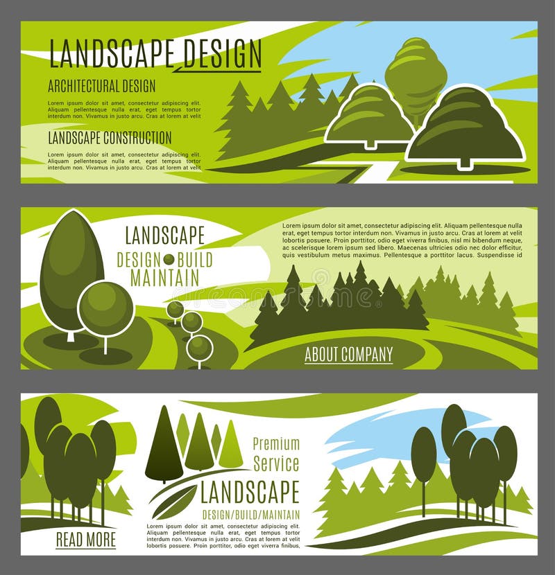 Landscape design, construction and maintenance business company banners template. Green tree nature landscape of eco park and city garden with grass lawn and footpath for landscaping service design. Landscape design, construction and maintenance business company banners template. Green tree nature landscape of eco park and city garden with grass lawn and footpath for landscaping service design
