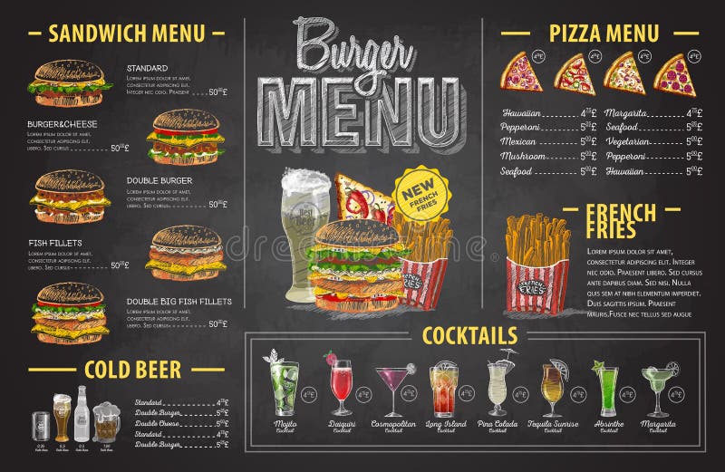 Progettazione d'annata del menu dell'hamburger del disegno di gesso Menu degli alimenti a rapida preparazione illustrazione di stock
