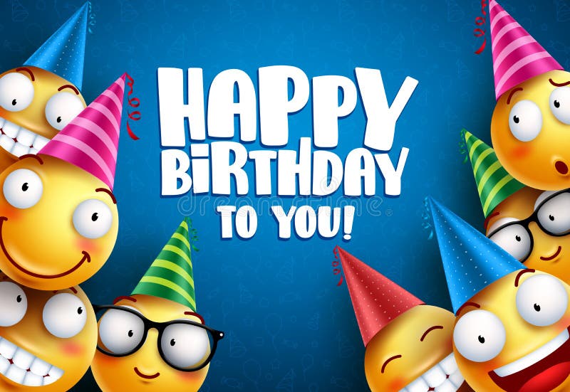 Progettazione del fondo di saluti di vettore di smiley di compleanno Emoticon gialli royalty illustrazione gratis Progettazione del fondo di saluti di vettore di smiley di compleanno Emoticon gialli royalty illustrazione gratis