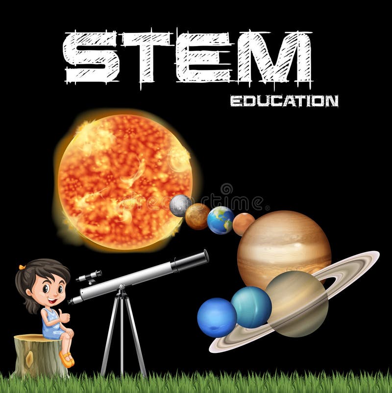 Progettazione del manifesto di istruzione del gambo con la ragazza ed il sistema solare illustrazione di stock Progettazione del manifesto di istruzione del gambo con la ragazza ed il sistema solare illustrazione di stock