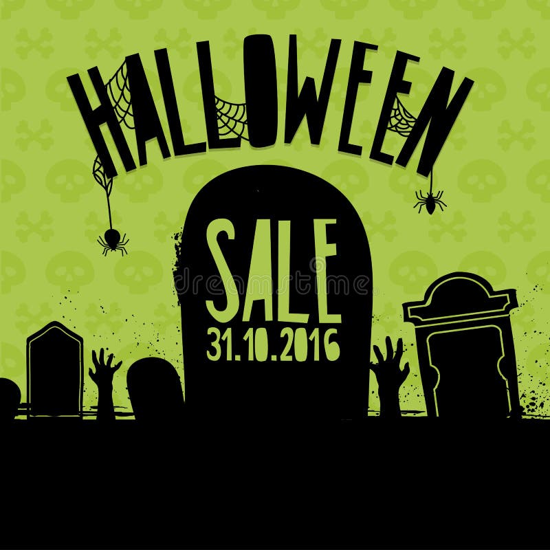 Progettazione dell'insegna per la vendita di Halloween Manifesto con il handstone della decorazione, mano dello zombie Opuscolo t illustrazione di stock Progettazione dell'insegna per la vendita di Halloween Manifesto con il handstone della decorazione, mano dello zombie Opuscolo t illustrazione di stock