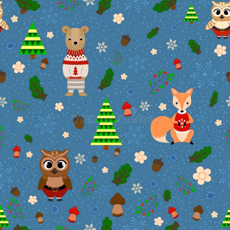 Progettazione della foresta di vettore, modello senza cuciture di Natale con gli animali della foresta: volpe, gufo, orso illustrazione di stock Progettazione della foresta di vettore, modello senza cuciture di Natale con gli animali della foresta: volpe, gufo, orso illustrazione di stock