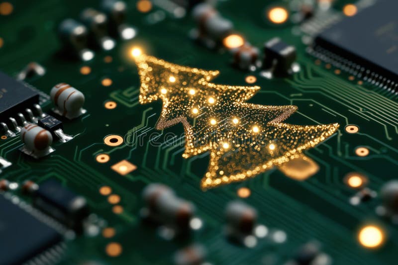 Progettazione di alberi di natale per la tecnologia in circuito. forma di albero di natale di luce dorata che brilla sul circuito illustrazione vettoriale