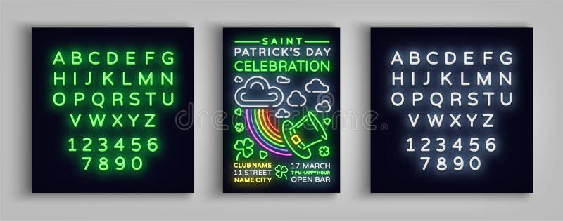 Progettazione di carta felice dell'invito di celebrazione di giorno del ` s di St Patrick Manifesto nel neon di stile, insegna al royalty illustrazione gratis Progettazione di carta felice dell'invito di celebrazione di giorno del ` s di St Patrick Manifesto nel neon di stile, insegna al royalty illustrazione gratis