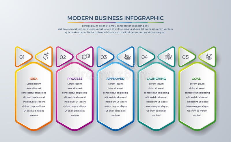 Progettazione di Infographic con 5 processo o punti Infographic per il diagramma, rapporto, flusso di lavoro e più Infographic co royalty illustrazione gratis