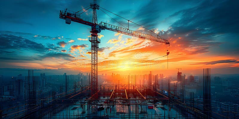 Progettazione di progetti di costruzione con operai e gru. progetto di costruzione illustrazione di stock
