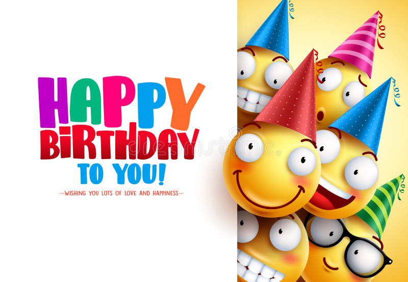 Progettazione di saluto di vettore di compleanno di smiley con le emozioni divertenti e felici gialle illustrazione vettoriale