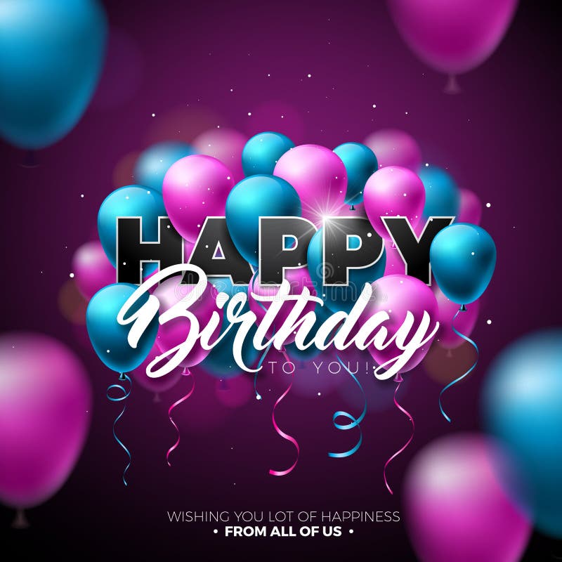 Progettazione di vettore di buon compleanno con il pallone, la tipografia e l'elemento 3d su fondo brillante Illustrazione per il illustrazione vettoriale