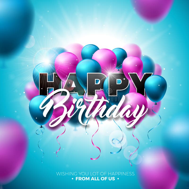 Progettazione di vettore di buon compleanno con il pallone, la tipografia e l'elemento 3d sul fondo brillante del cielo blu Illus illustrazione di stock