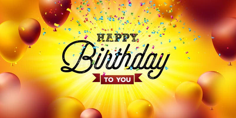 Progettazione di vettore di buon compleanno con il pallone, la tipografia ed i coriandoli di caduta su fondo giallo Illustrazione illustrazione vettoriale