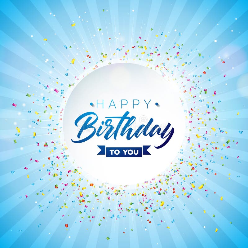 Progettazione di vettore di buon compleanno con tipografia e coriandoli di caduta su fondo blu brillante Illustrazione per il com illustrazione vettoriale