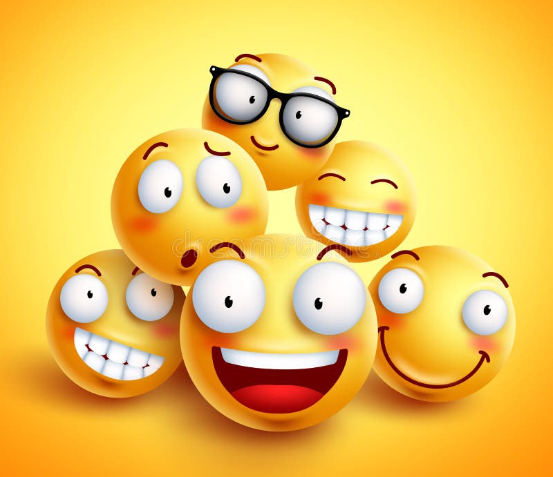 Progettazione di vettore del fronte di smiley con il gruppo di amici felici allegri illustrazione di stock Progettazione di vettore del fronte di smiley con il gruppo di amici felici allegri illustrazione di stock