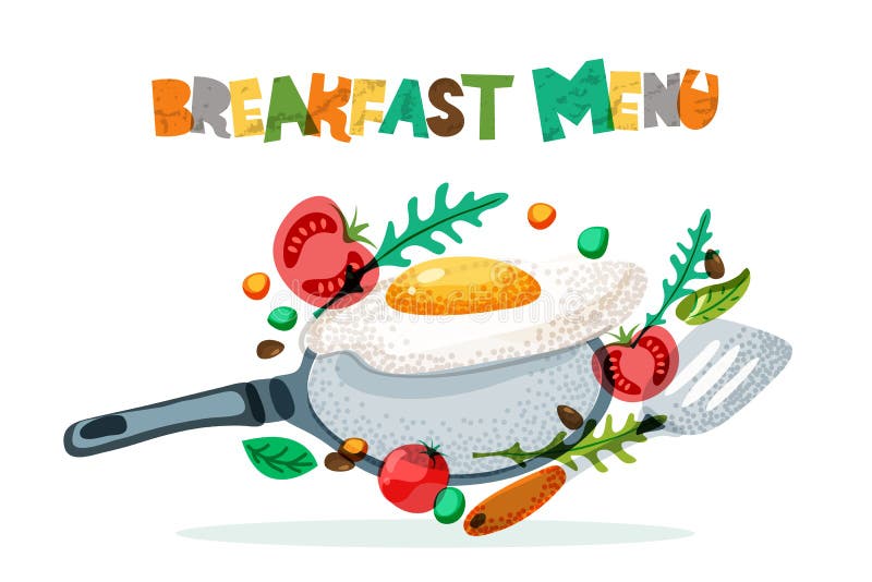 Progettazione di vettore del menu della prima colazione Uova fritte, pomodoro, condimento, padella e spatola Ricetta di mattina e royalty illustrazione gratis Progettazione di vettore del menu della prima colazione Uova fritte, pomodoro, condimento, padella e spatola Ricetta di mattina e royalty illustrazione gratis