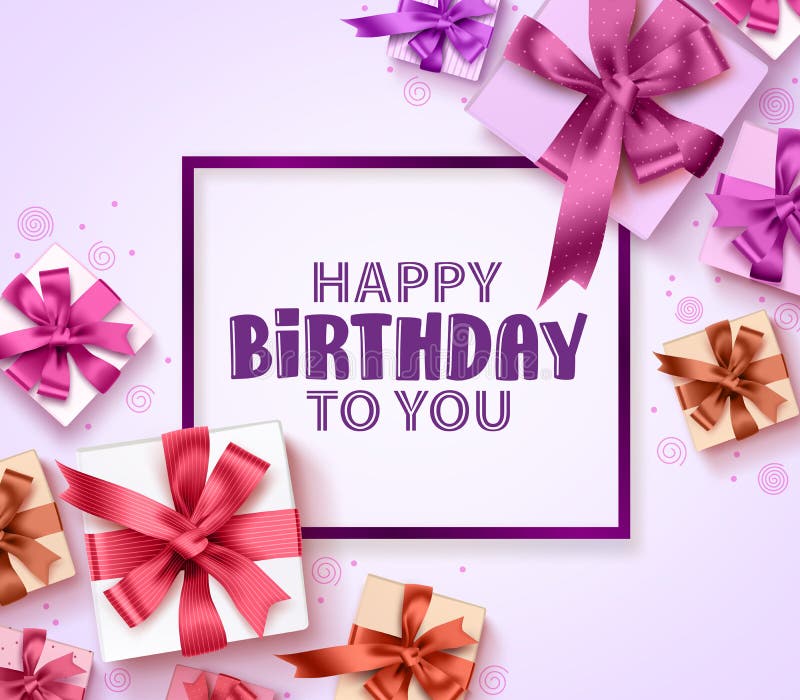 Progettazione di vettore della cartolina d'auguri di buon compleanno con i contenitori, i nastri e la struttura di regalo variopi illustrazione vettoriale