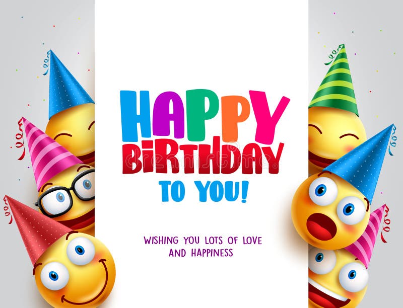 Progettazione di vettore di buon compleanno con gli smiley che portano il cappello di compleanno illustrazione di stock
