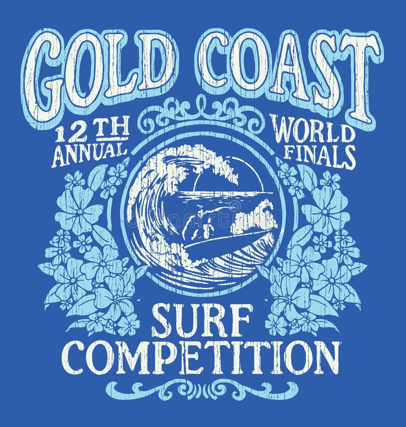 Progettazione grafica praticante il surfing d'annata della maglietta Concorrenza della spuma della Gold Coast