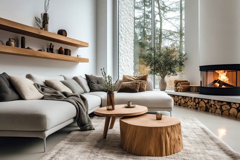 Progettazione interna di moderni salotti. divano grigio e tavolino di legno rustico in prossimità di un caminetto. scaffale di leg illustrazione vettoriale