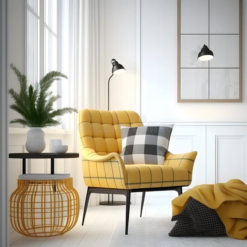 Rattan coffee table in room with white wall. Home interior. 3d rendering 4. Rattan coffee table in room with white wall. Home interior. 3d rendering 4