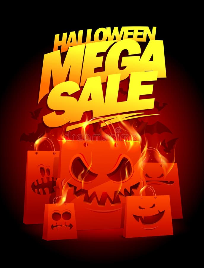 Progettazione mega dell'insegna di vettore di vendita di Halloween con i sacchi di carta brucianti illustrazione vettoriale Progettazione mega dell'insegna di vettore di vendita di Halloween con i sacchi di carta brucianti illustrazione vettoriale