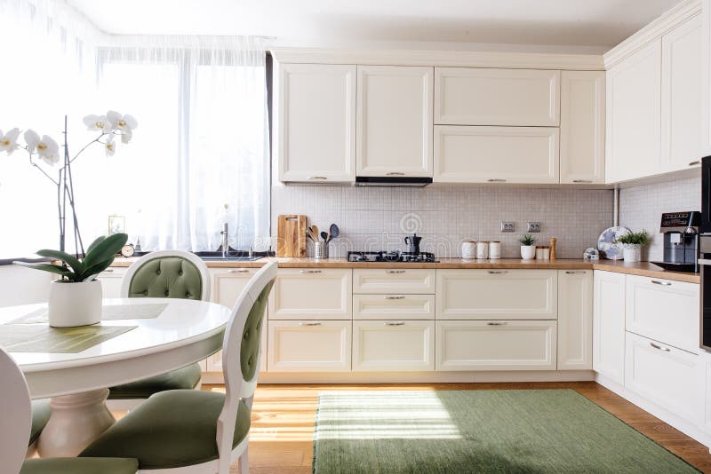 Progettazione moderna della cucina, bello interno con luce naturale e fiori fotografie stock libere da diritti Progettazione moderna della cucina, bello interno con luce naturale e fiori fotografie stock libere da diritti