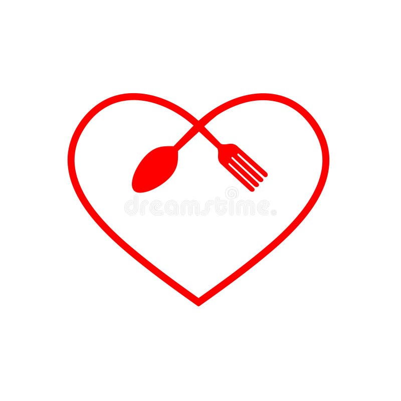 Progettazione moderna di logo di stile dell'alimento di amore un coltello del cucchiaio e una forcella sotto forma di un cuore illustrazione di stock