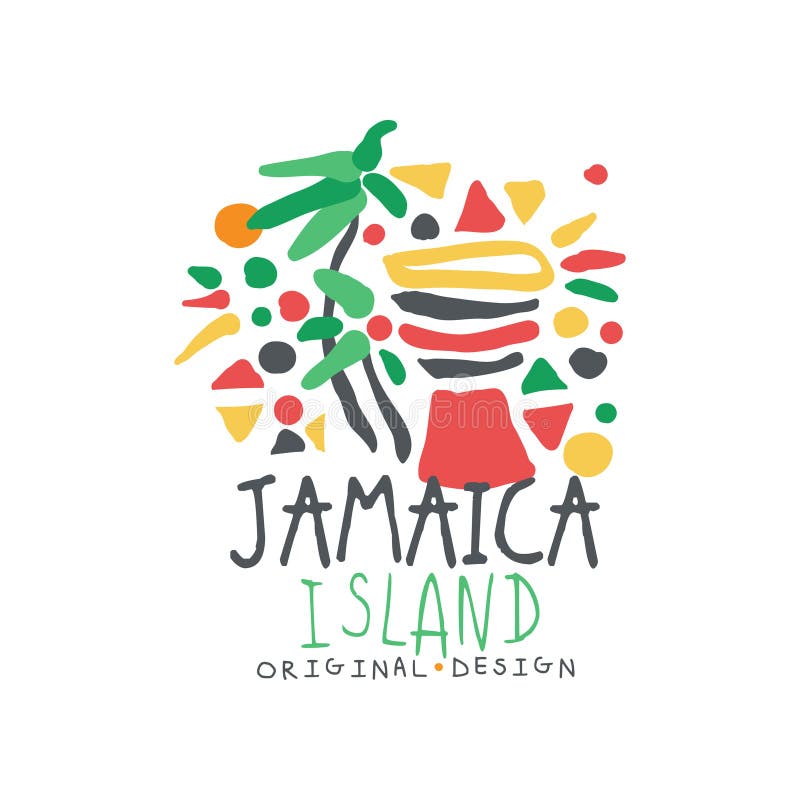 Progettazione originale del modello di logo dell'isola della Giamaica, distintivo esotico di vacanza estiva, etichetta per un'age illustrazione vettoriale