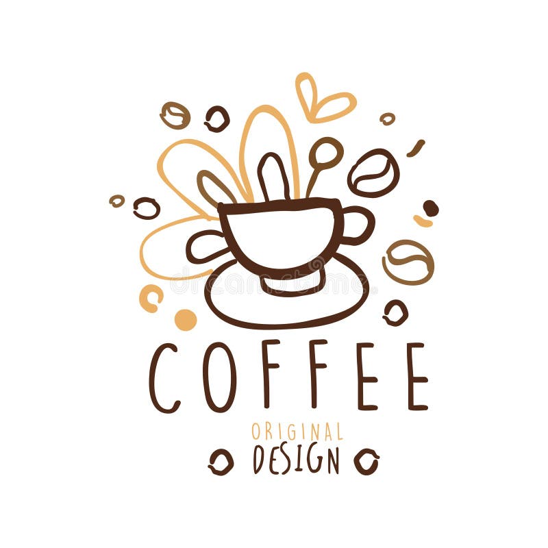 Progettazione originale dell'etichetta del caffè, illustrazione disegnata a mano di vettore nei colori marroni illustrazione di stock Progettazione originale dell'etichetta del caffè, illustrazione disegnata a mano di vettore nei colori marroni illustrazione di stock