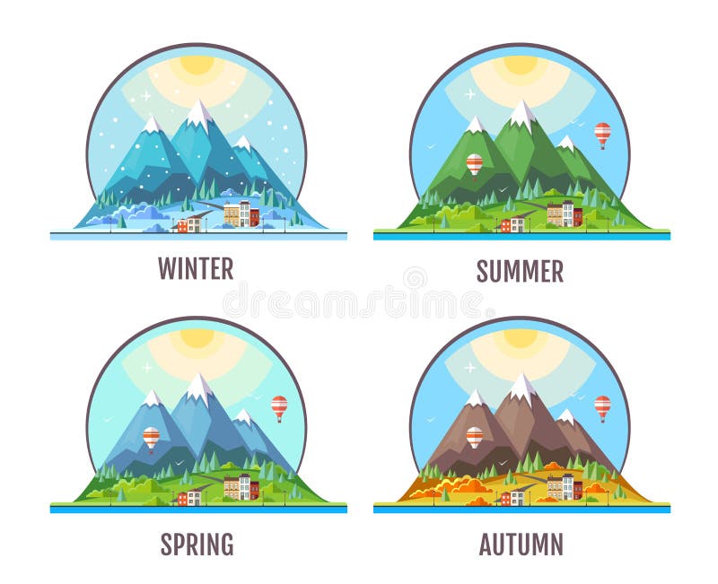 Progettazione piana di stile del paesaggio delle montagne della campagna stagioni illustrazione vettoriale Progettazione piana di stile del paesaggio delle montagne della campagna stagioni illustrazione vettoriale