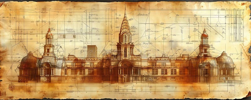Progetto architettonico vintage di un grattacielo deco d'arte illustrazione di stock