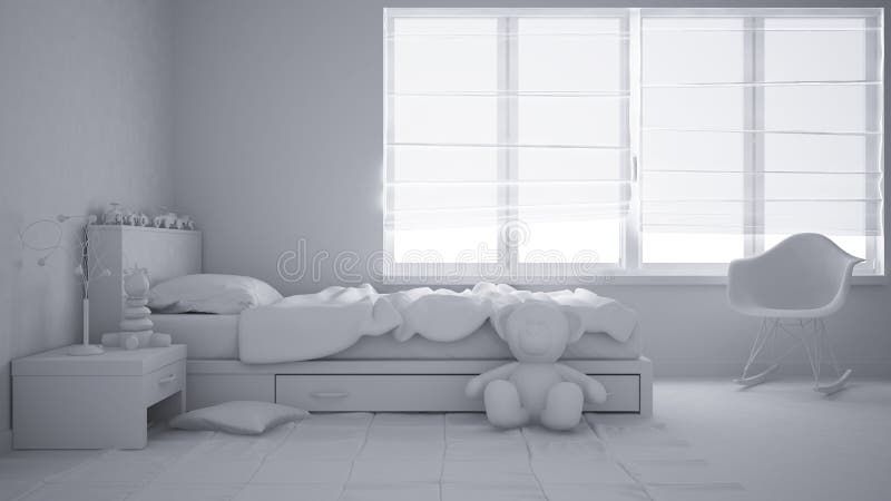 Progetto bianco totale della camera da letto moderna del bambino con letto singolo, i giocattoli e la finestra panoramica, intern fotografie stock Progetto bianco totale della camera da letto moderna del bambino con letto singolo, i giocattoli e la finestra panoramica, intern fotografie stock