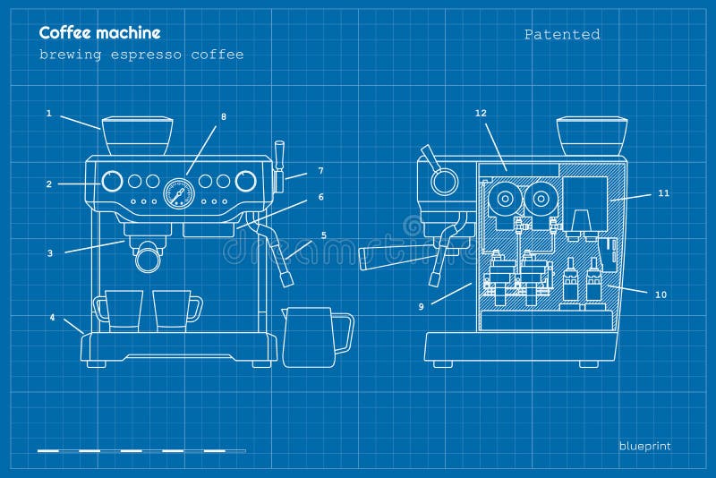 Progetto della macchina per il caffè espresso. disegno di sagoma del fornaio. concetto lineare industriale royalty illustrazione gratis