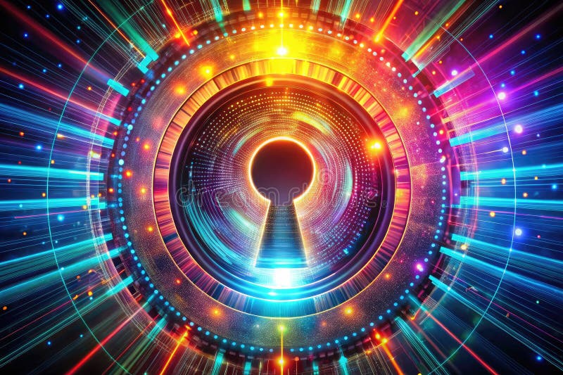 Progetto futuristico di keyhole astratto con pattern circolari brillanti e flussi di dati un moderno modello visivo per poster royalty illustrazione gratis